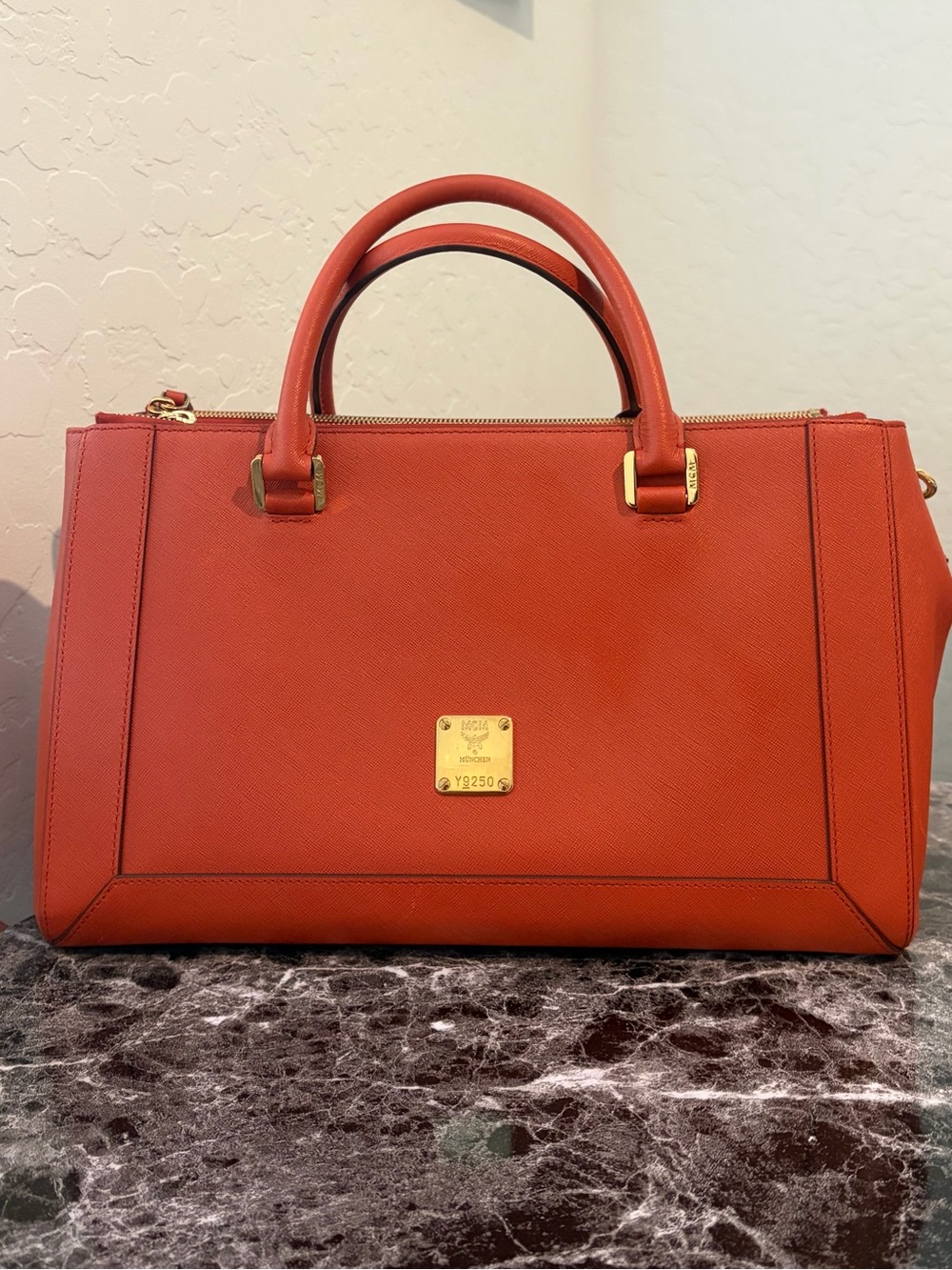 MCM Saffiano Leather Top-Handle Satchel in Coral Orange